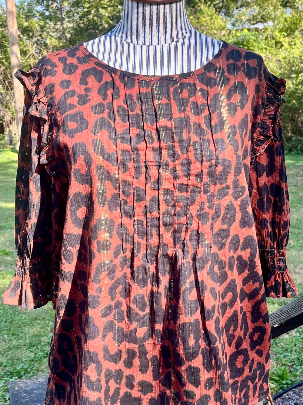 LOFT Shimmer Leopard Print Ruffle Shoulder Blouse Metallic Gold Stripe Large